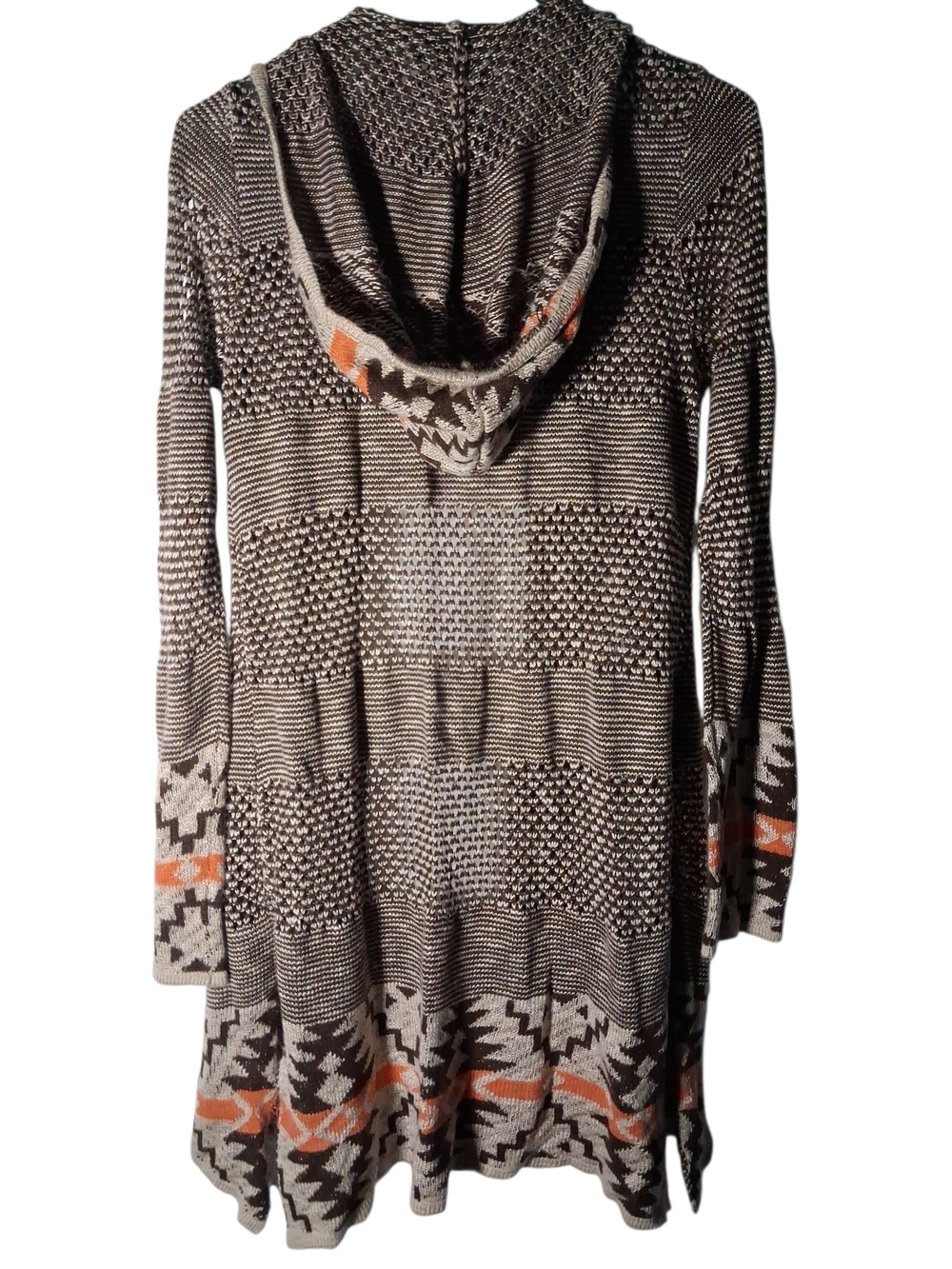 Women’s Hooded Aztec Knit Cardigan Sweater - Brown & Orange